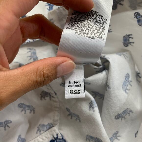 Ted Baker Shirt Mens 4 White Blue Allover Elephant Printed Cotton Short Sleeve - Picture 7 of 10